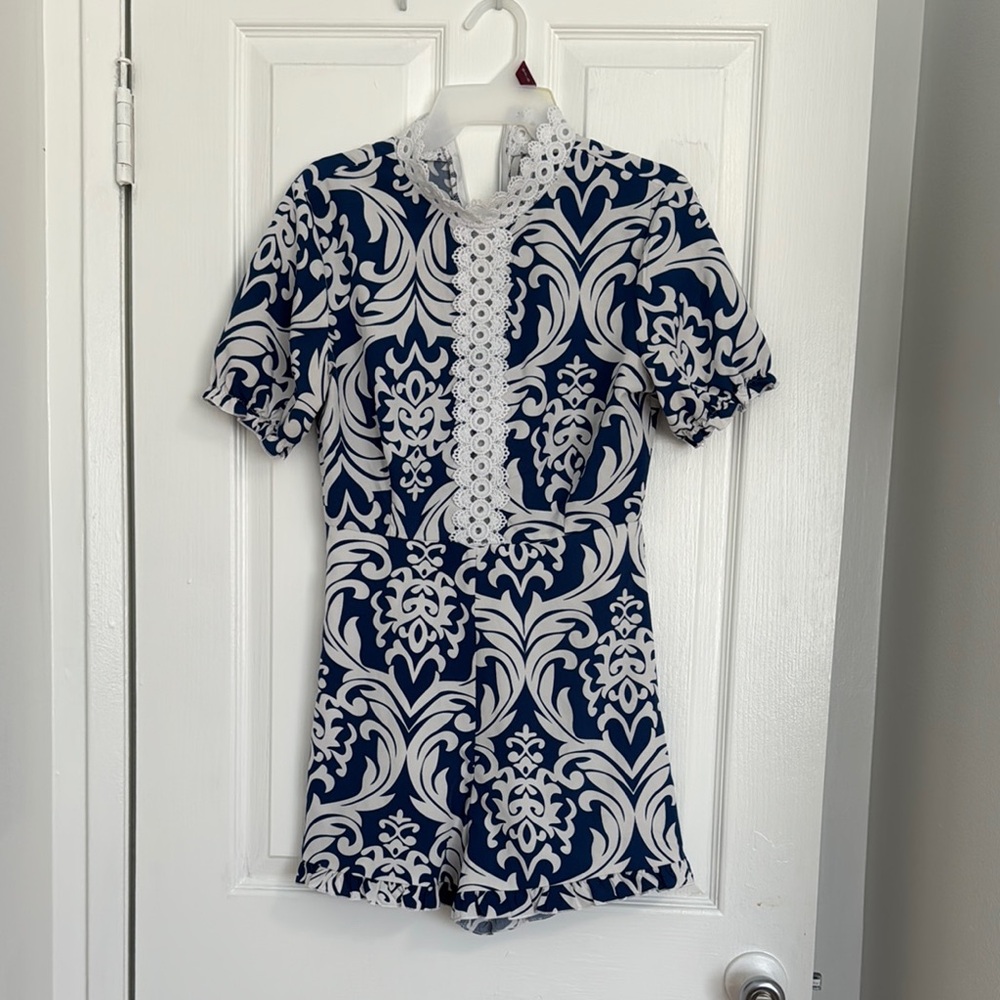 Fashion Nova Navy and White Lace Romper